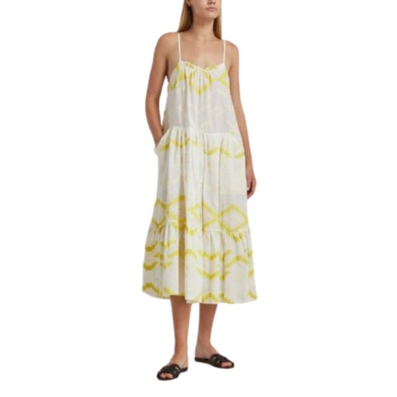 Greek Archaic Kori Midi Dress Womens Small White Yellow Sleeveless Embroidered